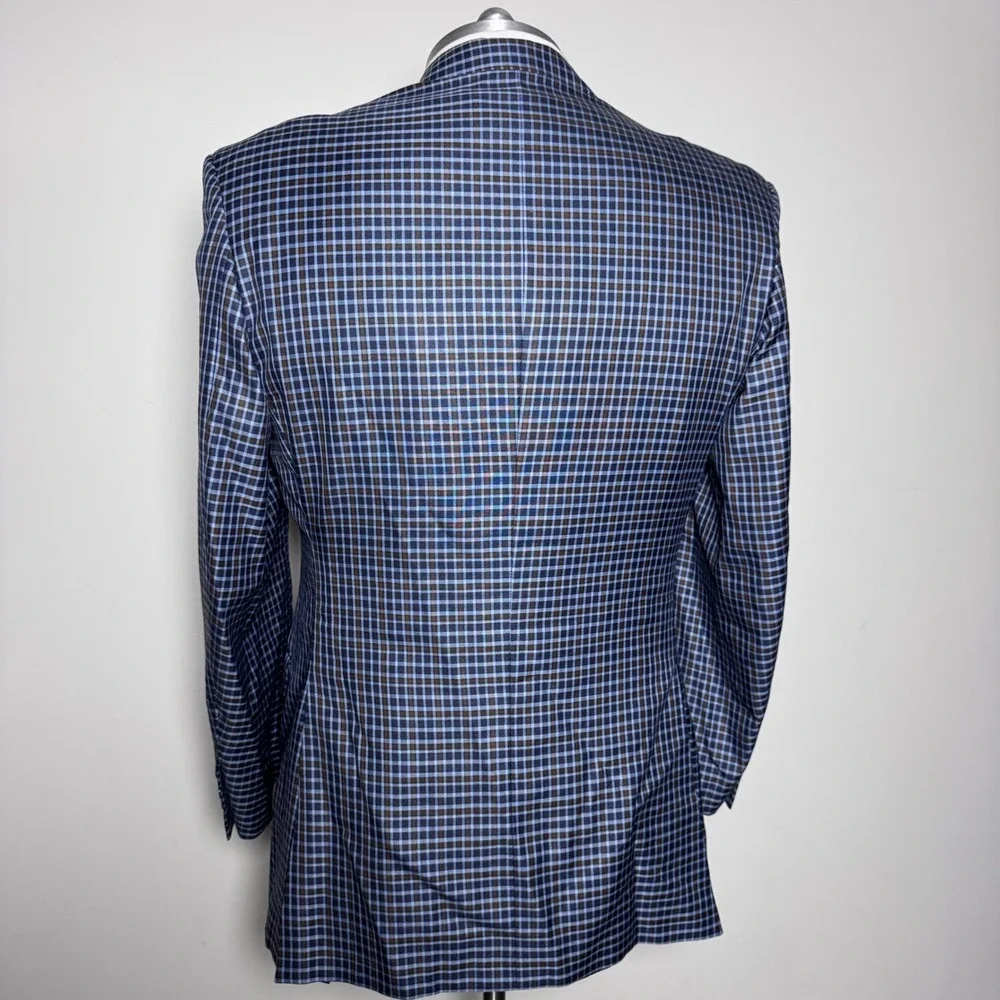 Clothing by Andre Blazer Mens 42L Blue Brown Check Wool Two Button Sport‎ Coat